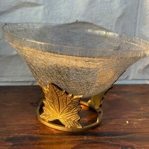Vintage Clear Crackle Glass Bowl with Ornate Brass Maple Leaf Stand MCM